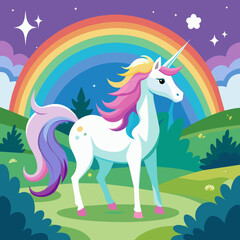 Naklejka na ściany i meble Imagine a serene meadow where a graceful unicorn stands, its iridescent mane flowing gently in the breeze as it gazes at a distant rainbow