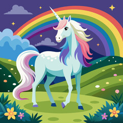 Obraz na płótnie Canvas Imagine a serene meadow where a graceful unicorn stands, its iridescent mane flowing gently in the breeze as it gazes at a distant rainbow