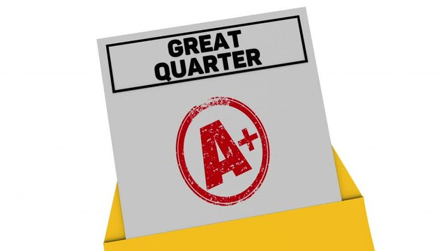 Great Quarter A Plus Grade Report Card Score Quarterly Results Sales 3d Animation
