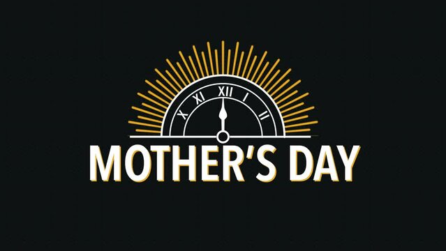 Mothers Day logo with bold black background. A clock with the words Mothers Day in white letters, illustrating the special day for moms