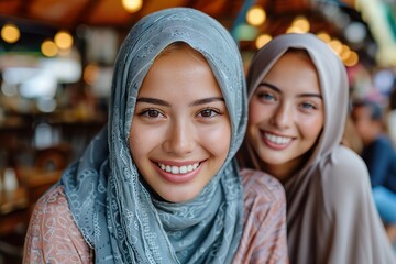 Asian hijab woman group smilling in cafe with friend 