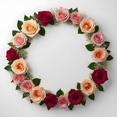 a circle, a frame of rose flowers on a white background. text space