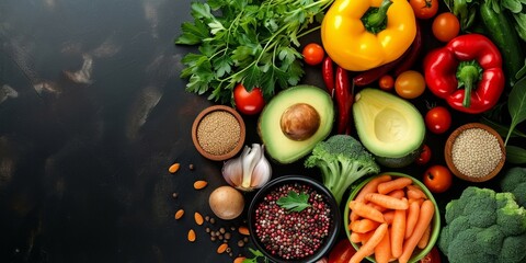 Top view of veganuary concept with vegan food on table against food background, Generative AI  - obrazy, fototapety, plakaty