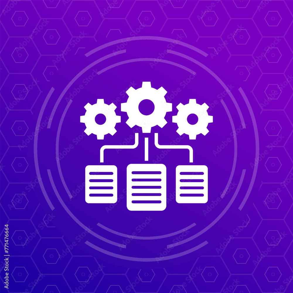 Poster data management icon with documents and gears, vector