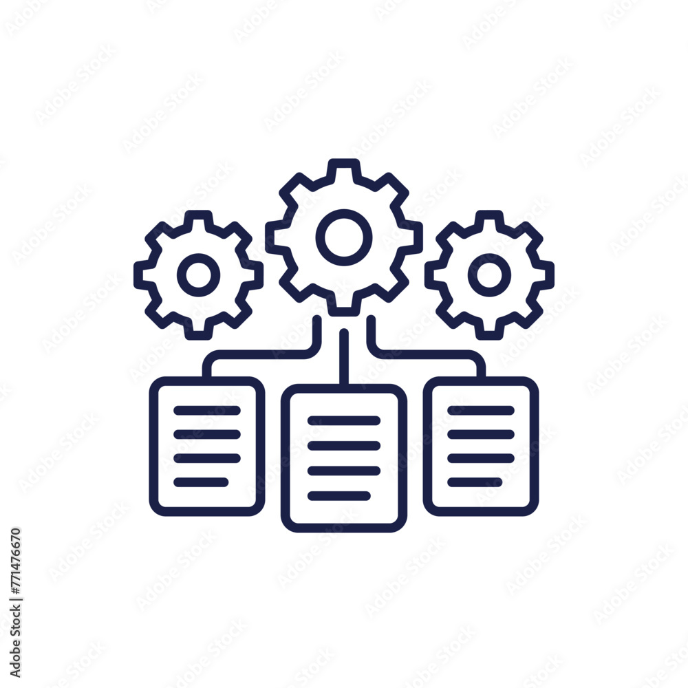 Poster data management line icon with documents and gears