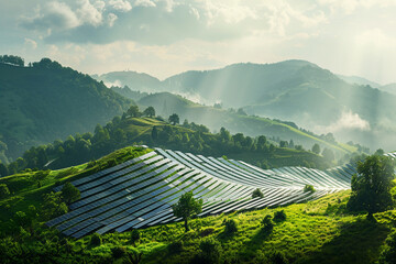Solar panels atop a scenic hillside, showcasing the blend of natural beauty with sustainable technology for renewable energy. - obrazy, fototapety, plakaty