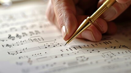 Macro shot of a composer's hand writing musical notation on blank sheet music, illustrating the...