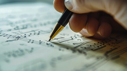Capturing the intricate movements of a composer's hand as it delicately inscribes musical symbols onto a pristine sheet, revealing the essence of musical creation. - obrazy, fototapety, plakaty