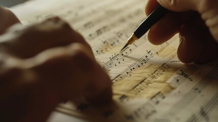 Detailed macro shot of a composer's hand meticulously writing musical notation on blank sheet...