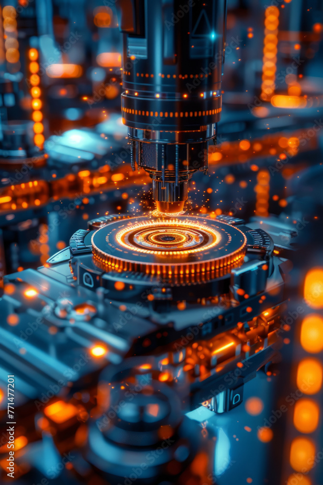 Poster a close-up view of a futuristic, high-tech machine performing intricate work on a complex circuit bo
