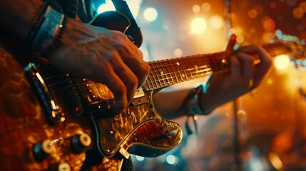 In the dynamic setting of a music event, a finely detailed macro shot focuses on hands passionately...