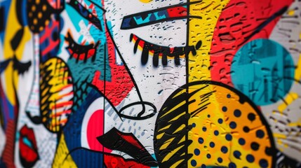 Macro view of pop art design with iconic symbols and bold patterns, evoking a dynamic and energetic ambiance.