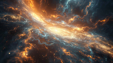 An awe-inspiring cosmic scene showcasing a vibrant galaxy with a swirling mix of fiery orange and cool blue hues