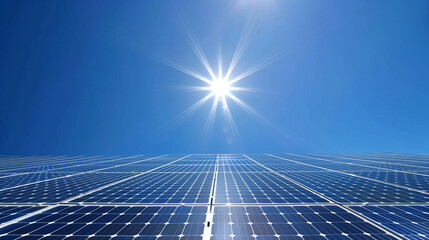 Solar power generation at its peak, with a vast array of photovoltaic panels under the bright sun, symbolizing renewable resources.