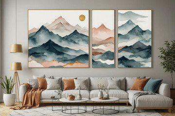 Modern living room with mountain triptych art