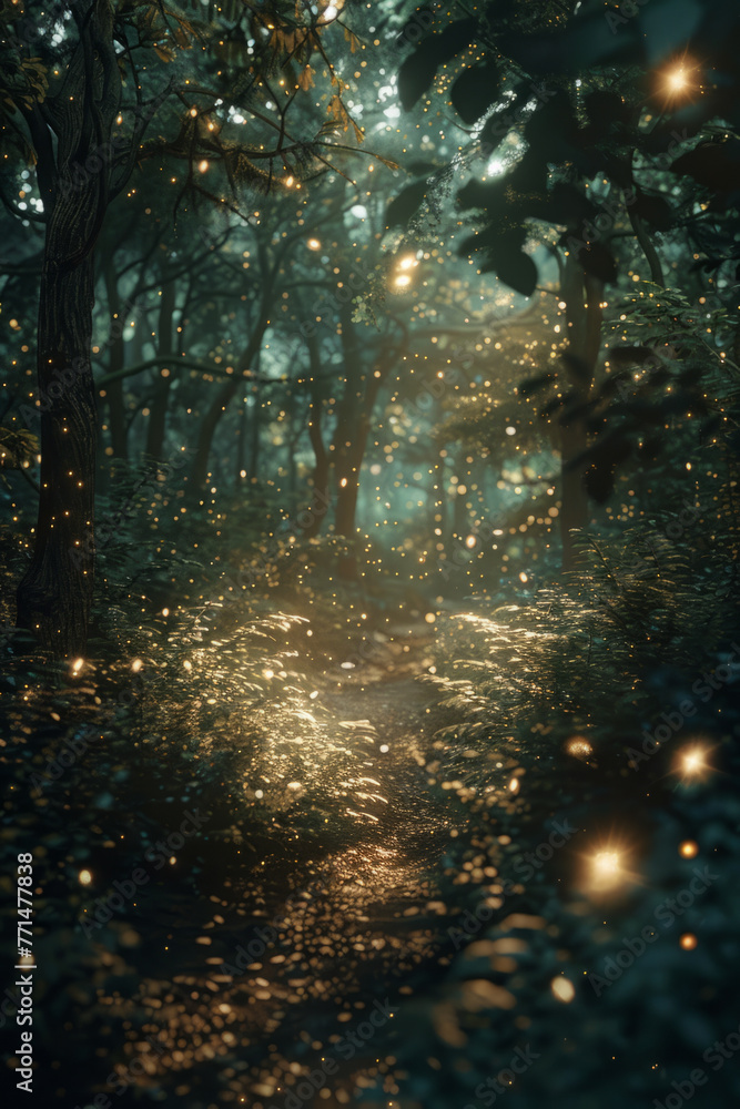 Poster enchanted forest scene with twinkling lights and glowing particles amidst lush greenery, creating a 