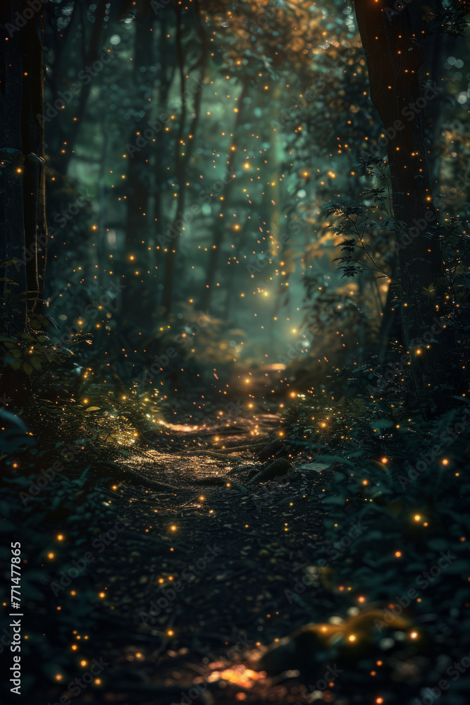Poster a magical forest path illuminated by sparkling lights among trees, with a mystical atmosphere create