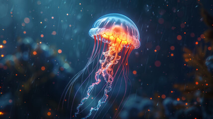 A luminescent jellyfish floats gracefully underwater with a radiant glow, amidst a serene deep-sea backdrop peppered with floating particles. - obrazy, fototapety, plakaty