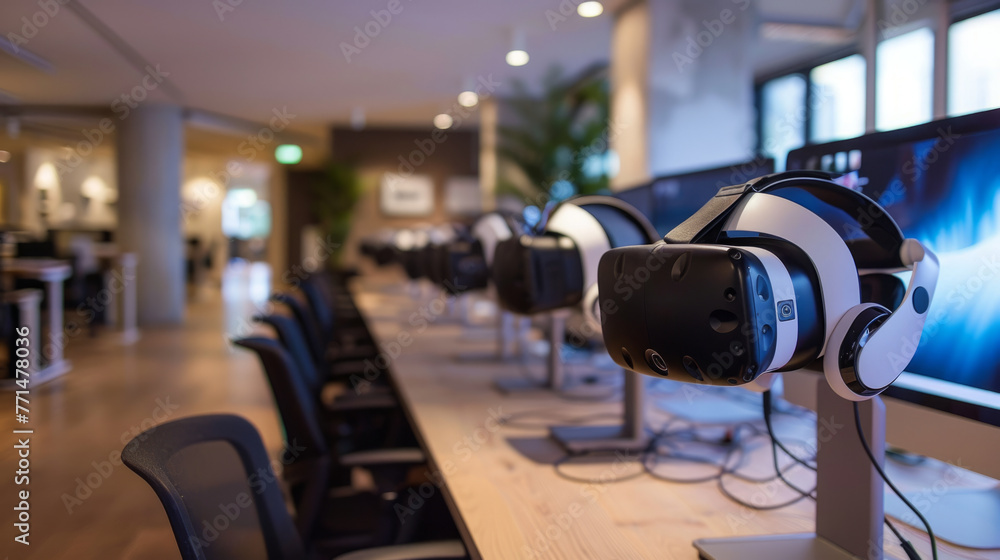 Poster a modern computer lab with virtual reality headsets resting on monitors on desks arranged in rows, w