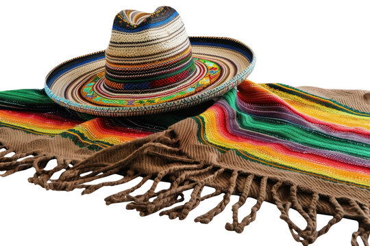 colorful sombrero and traditional mexican blanket isolated on transparent background 