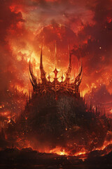 Lava crown. An imposing fantasy castle sits against a fiery backdrop, with molten lava in the foreground and a sky filled with flames and smoke overhead