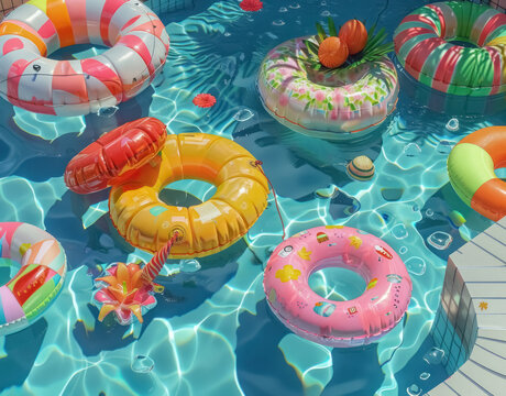 colorful pool floaties in summer