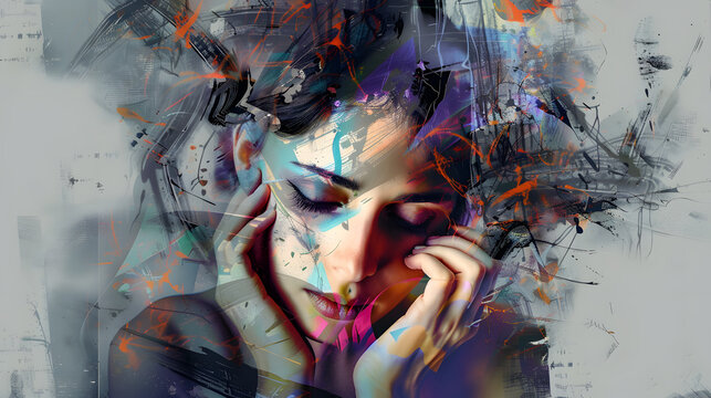 Abstract digital art of a woman with colorful brush strokes and dynamic splashes, conveying creativity and emotion.
