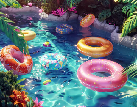 colorful pool floaties in a tropical setting