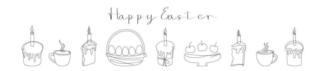 Easter Set in continuous one line style with design elements like Easter cakes with lit candles, wicker basket with painted eggs, steaming mugs. Happy Easter greeting. Festive food. Black and white.