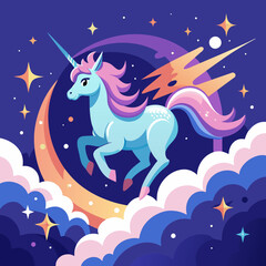 Picture a celestial scene in which a celestial 3D unicorn with ethereal wings gracefully descends from the heavens, surrounded by twinkling stars and clouds