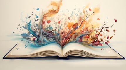 Artistic composition of an open book with vibrant watercolor butterflies and flowers bursting out, symbolizing imagination and creativity.