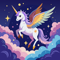 Picture a celestial scene in which a celestial 3D unicorn with ethereal wings gracefully descends from the heavens, surrounded by twinkling stars and clouds