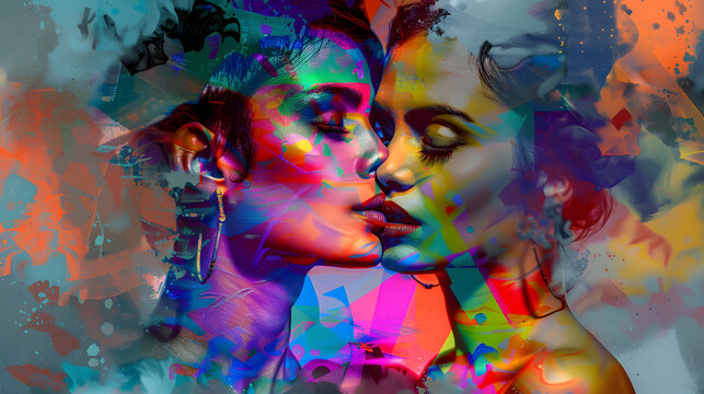 Abstract digital art of two faces in profile with vibrant, multicolored paint splashes blending on a chaotic background.