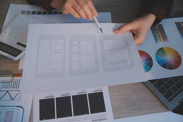 UX UI design process for modish mobile application and website . Creative prototype of wireframe...
