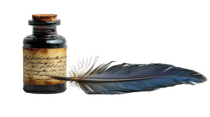 Vintage feather pen and ink isolated on a transparent background, PNG, Ai