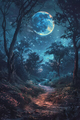 A fantasy-like nighttime landscape showcasing a luminous full moon illuminating a serene forest path, surrounded by glowing flora and a starry sky backdrop.