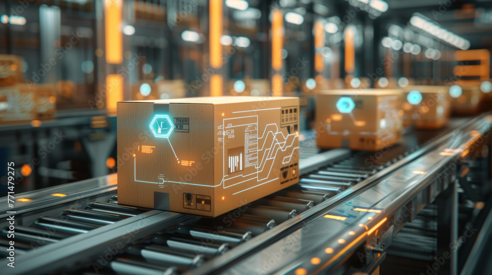Poster futuristic automated production line with packages moving on a conveyor belt in an advanced warehous