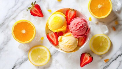 Sweet refreshing summer food concept. Ice cream fruit ice yellow orange and red colors.