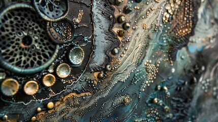 Obraz premium Intricate macro shot capturing the textures and layers of a mixed media artwork, offering distinctive and artistic wallpaper designs.