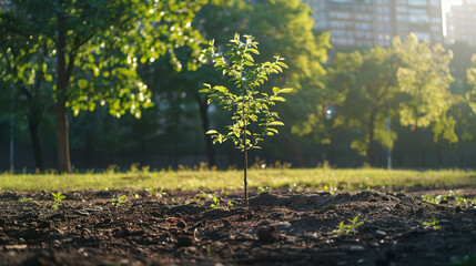 Young tree receiving care in an urban park, symbolizing the blend of nature conservation and the importance of green spaces. - obrazy, fototapety, plakaty