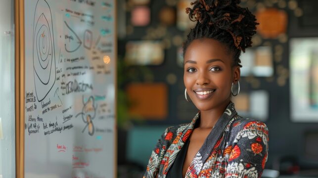 African American Businesswoman standing near chartboard and working on business plan and company development in office