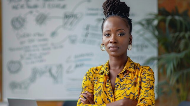 African American Businesswoman standing near chartboard and working on business plan and company development in office