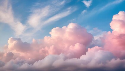 Beautiful background image of a romantic blue sky with soft fluffy pink clouds.
