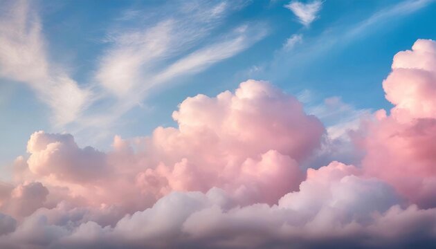 Beautiful background image of a romantic blue sky with soft fluffy pink clouds.