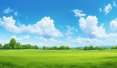 Panoramic View of a Beautiful Green Lawn with Blue Sky and Clouds, Wide Angle View of a Grass Field with Trees, Nature Park or Garden on a Sunny Day 