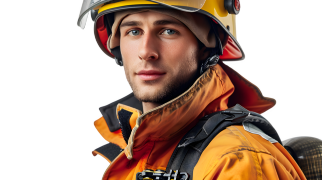 Bold firefighter isolated on a transparent background, PNG, Ai
