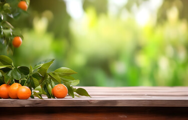 orange fruit on wooden table on blurred nature citrus trees gard - obrazy, fototapety, plakaty