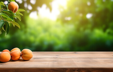 apricot fruit on wooden table on blurred nature citrus trees gar - obrazy, fototapety, plakaty