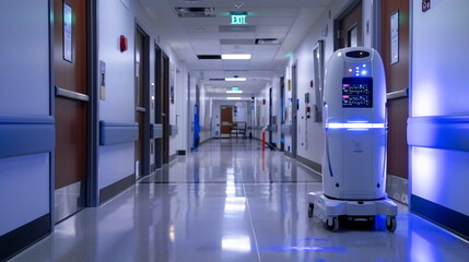 A disinfection robot navigating through hospital corridors, sanitizing surfaces as it moves. - Disinfector - obrazy, fototapety, plakaty