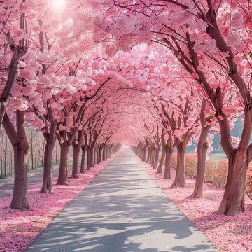 Cherry blossom trees in full bloom, creating a stunning pink canopy.